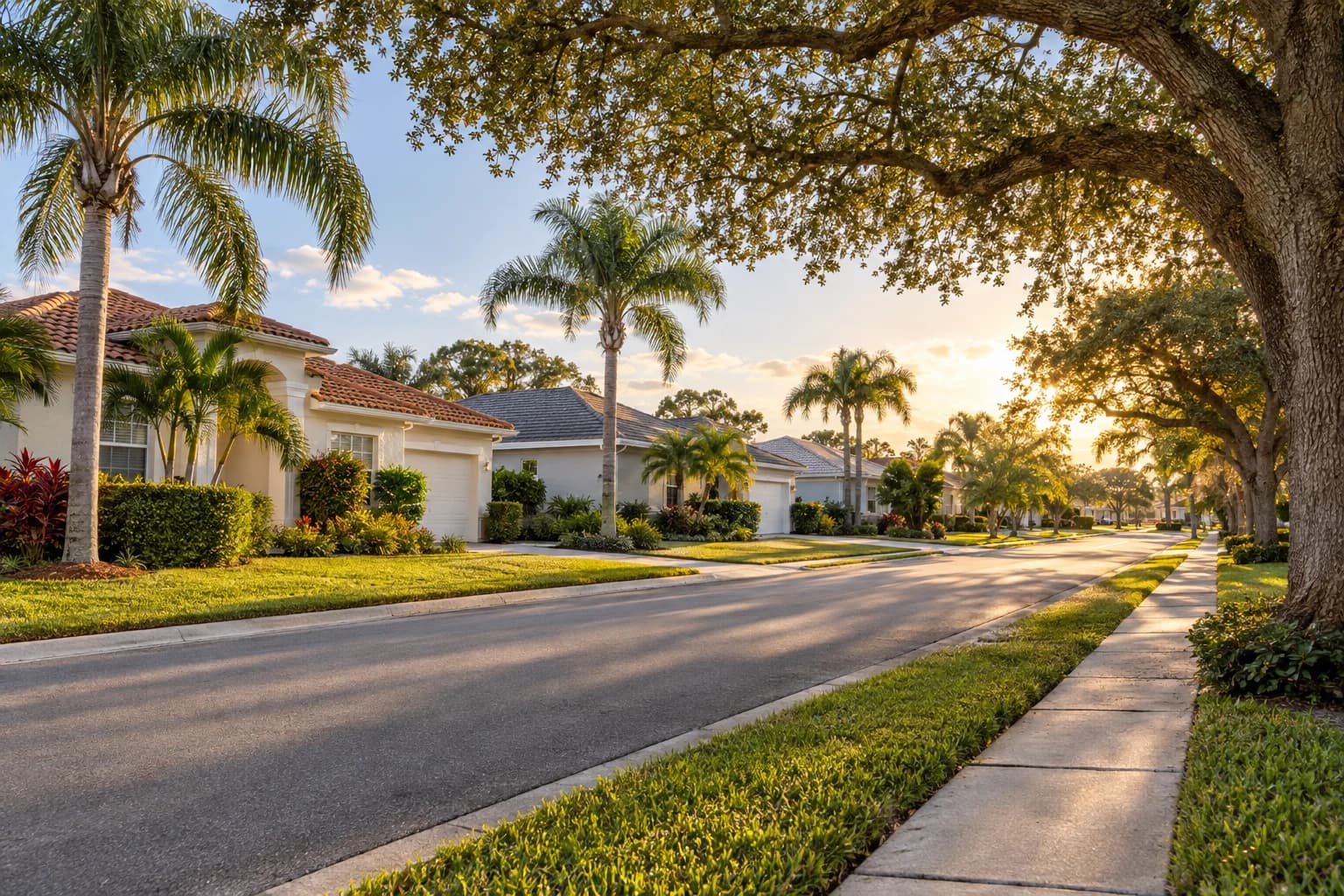Quiet north Pinellas street of one-story stucco homes with tile and shingle roofs, queen palms, and a live oak arching over the sidewalk in late afternoon light