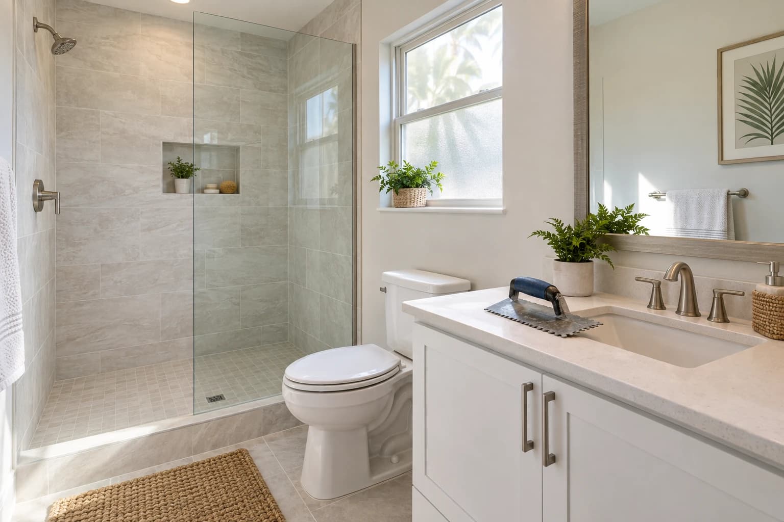 A remodeled Florida bathroom with a walk-in shower in light porcelain tile, a glass panel, and a white vanity, with a tile trowel resting on the vanity top