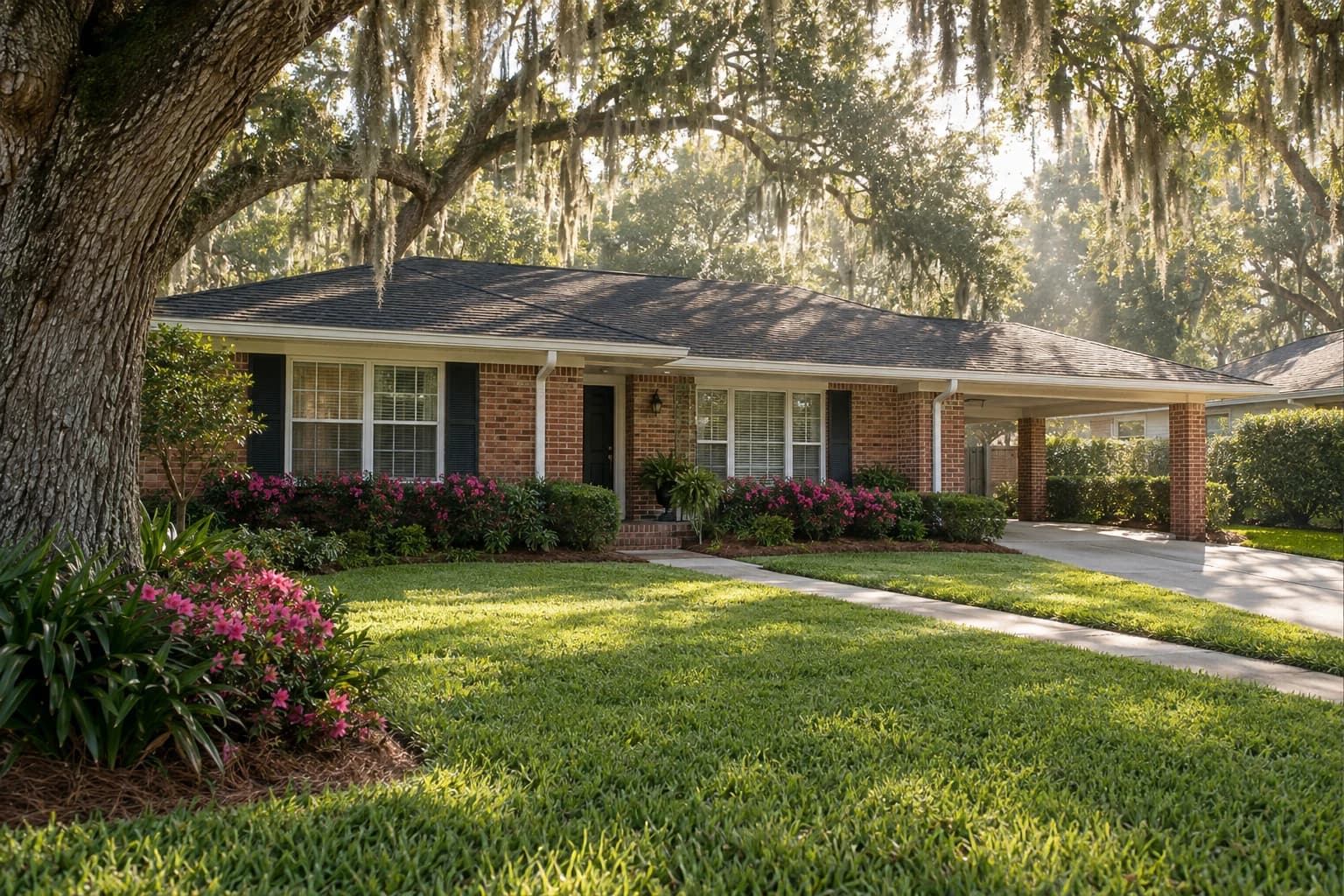 A one-story brick ranch home in Orange Park with a low hip roof, white trim, a carport, and live oaks hung with Spanish moss over a green lawn
