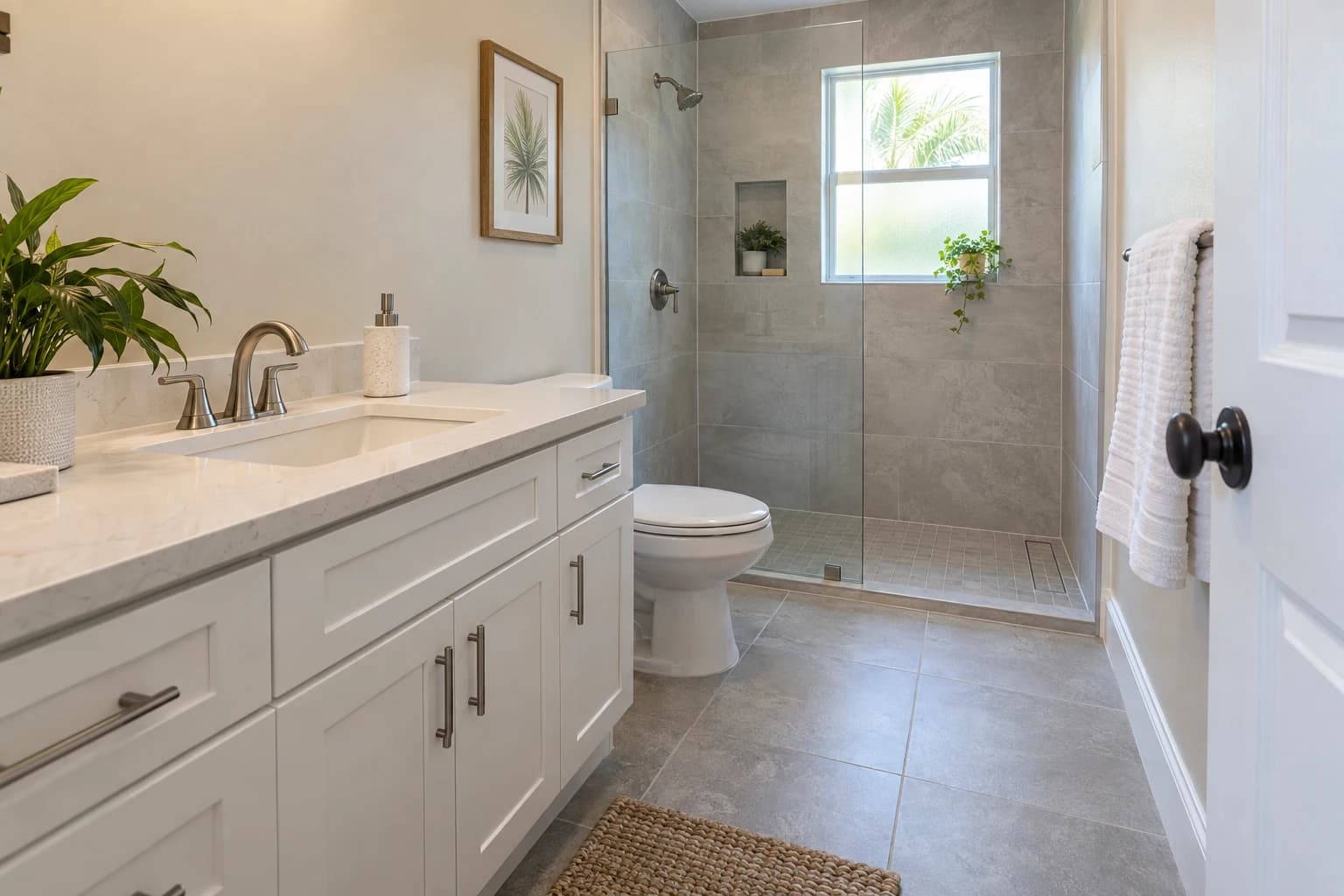 A remodeled Florida hall bathroom with large gray porcelain floor tile, a white vanity with a quartz top, and a walk-in shower behind a clear glass panel