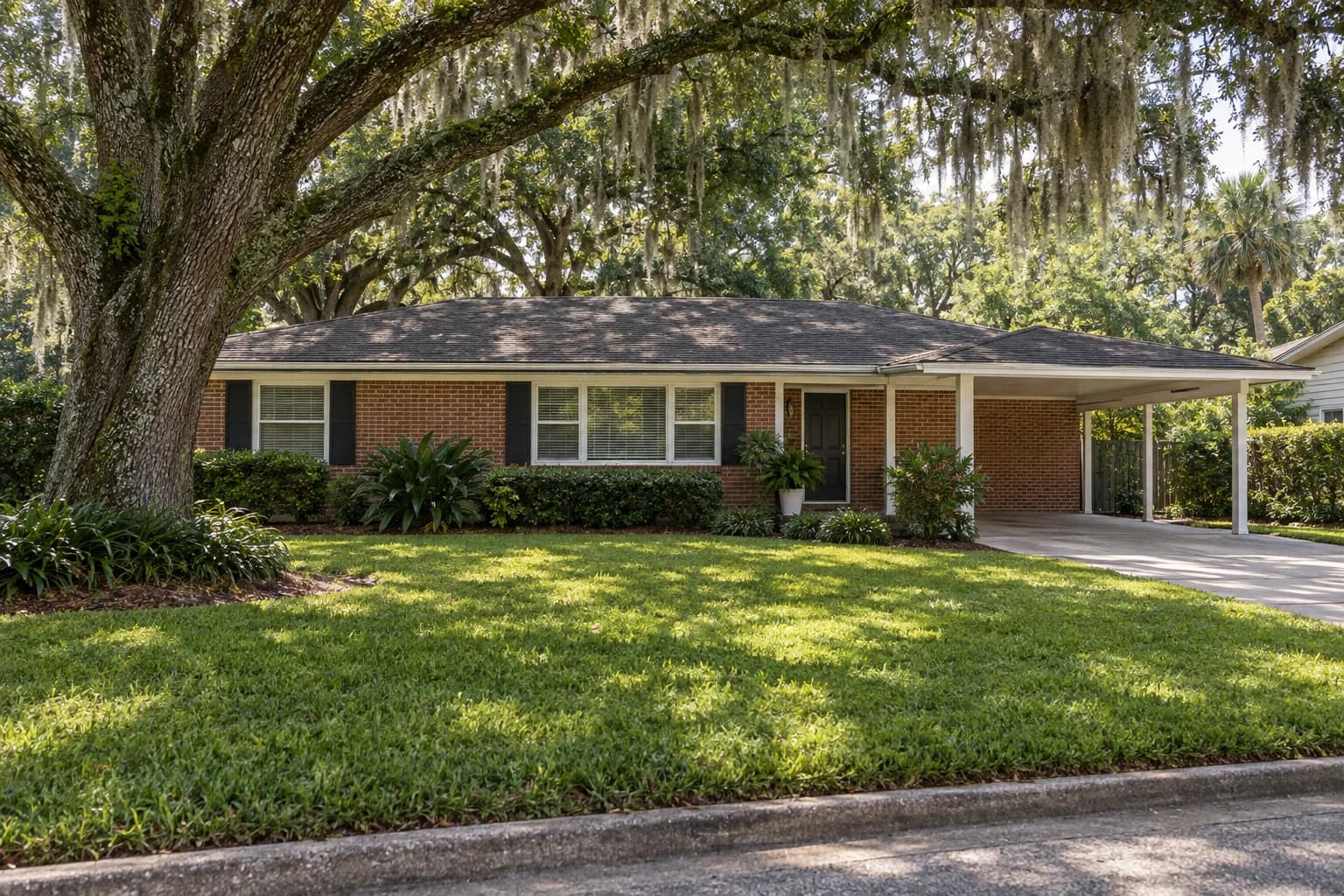 Single-story 1950s brick ranch home with a low hip roof, a carport, and a deep lawn under large live oaks hung with Spanish moss on a shaded San Jose street in Jacksonville