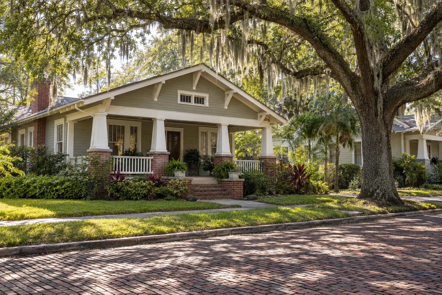 A 1920s wood frame bungalow with a deep front porch, tapered porch columns, and lap siding on a brick street in Sanford's historic district, under live oaks