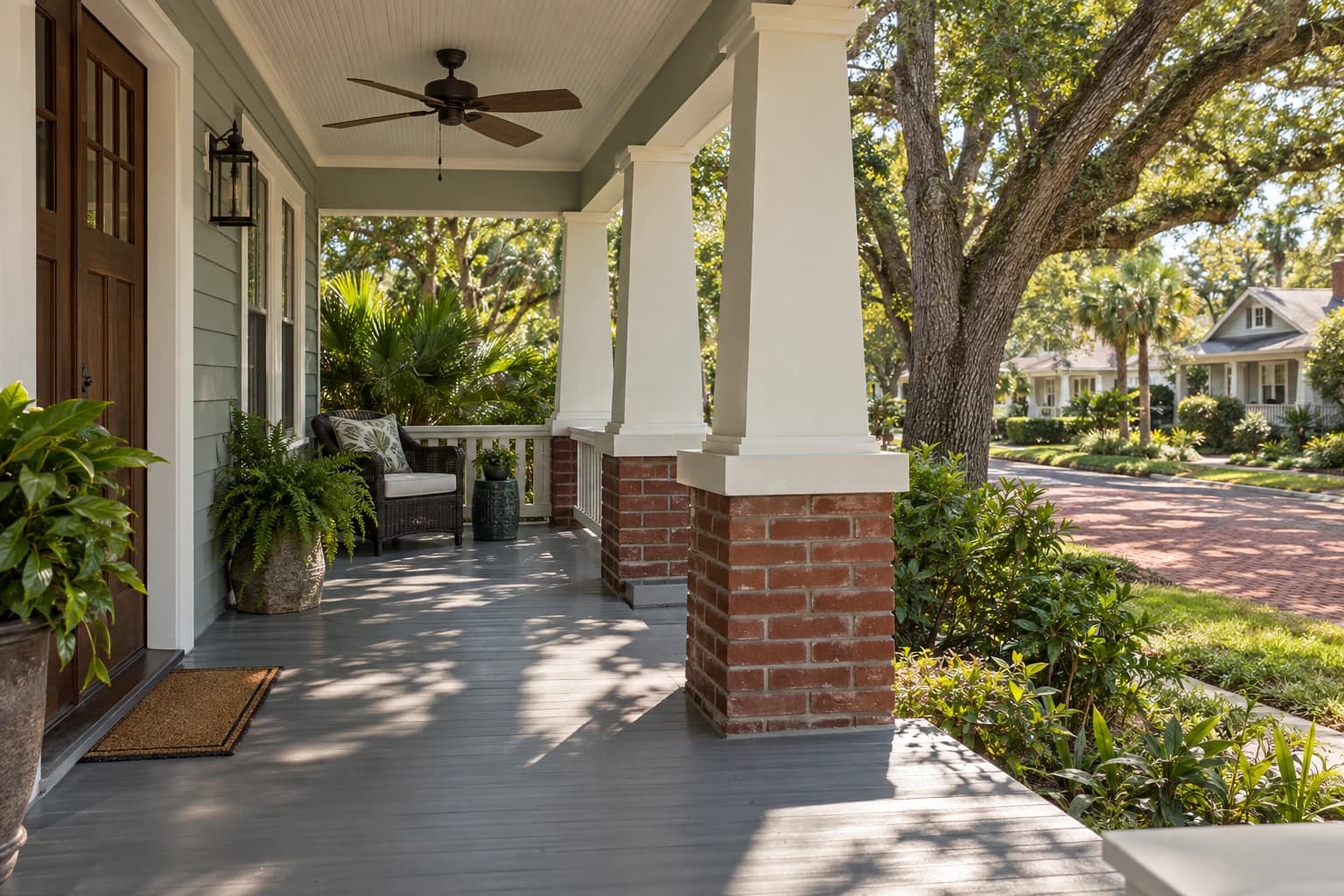 Front porch of a 1920s Tampa bungalow with square tapered columns, wood siding, and a live oak shading a brick street