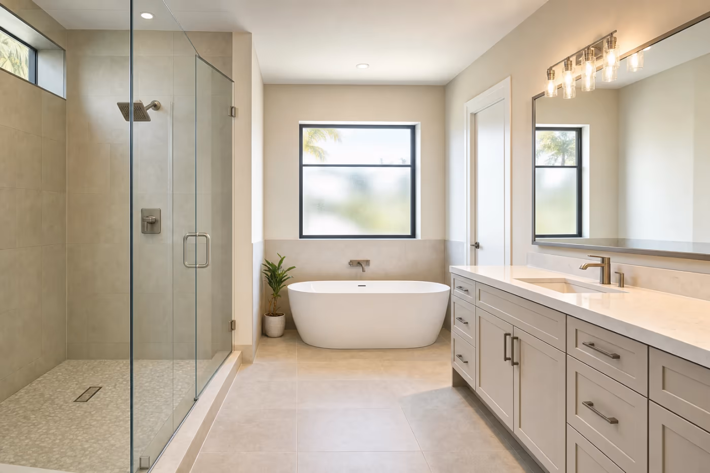 Wide view of a finished Florida bathroom remodel with walk-in shower, freestanding tub area, and bright natural light
