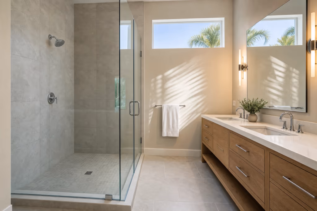 Finished Florida bathroom remodel featuring a tiled walk-in shower with glass door, floor drain, mounted showerhead, and a clean double vanity