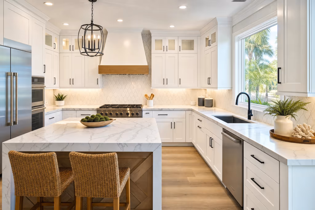 Finished luxury kitchen remodel in a Florida home featuring custom cabinets, quartz counters, tile backsplash, and refined lighting