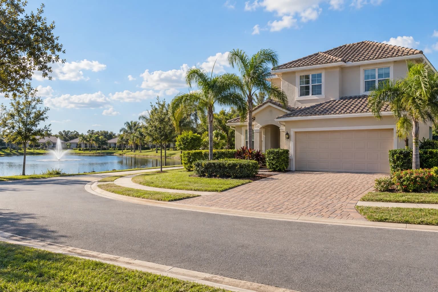 Newer two-story stucco home with a tile roof and a paver driveway on a curving Lakewood Ranch street, with a retention pond, young palms, and a trimmed hedge