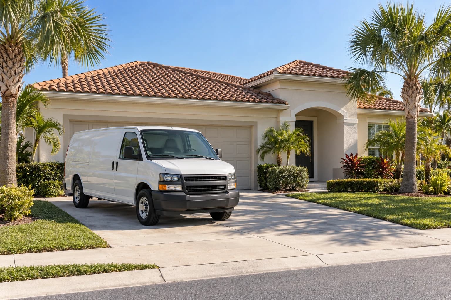 A white work van parked in the driveway of a one-story Florida stucco home with a tile roof, sabal palms, and a clear blue sky