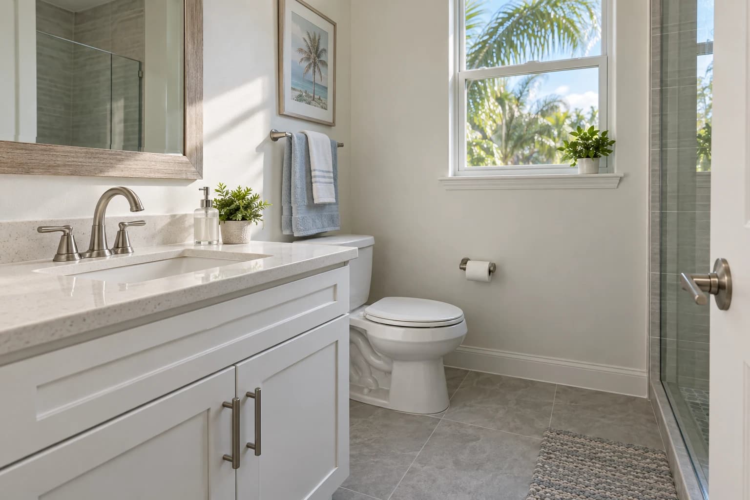 Small Florida bathroom with a white vanity, a brushed nickel faucet, and a white toilet on light gray porcelain tile in soft window light