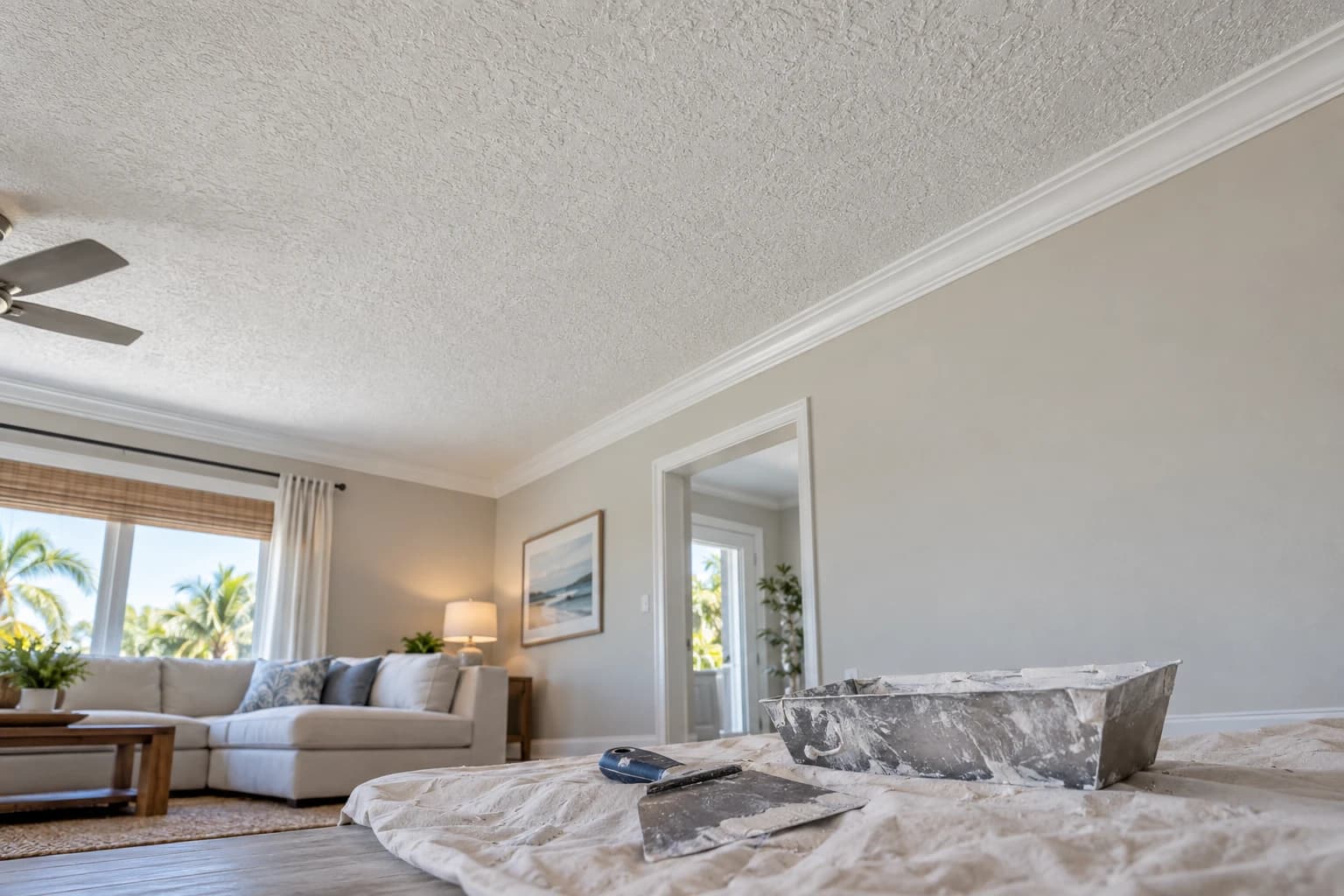 A white living room ceiling with knockdown texture meeting crown molding, with a drywall knife and a mud pan resting on a drop cloth below