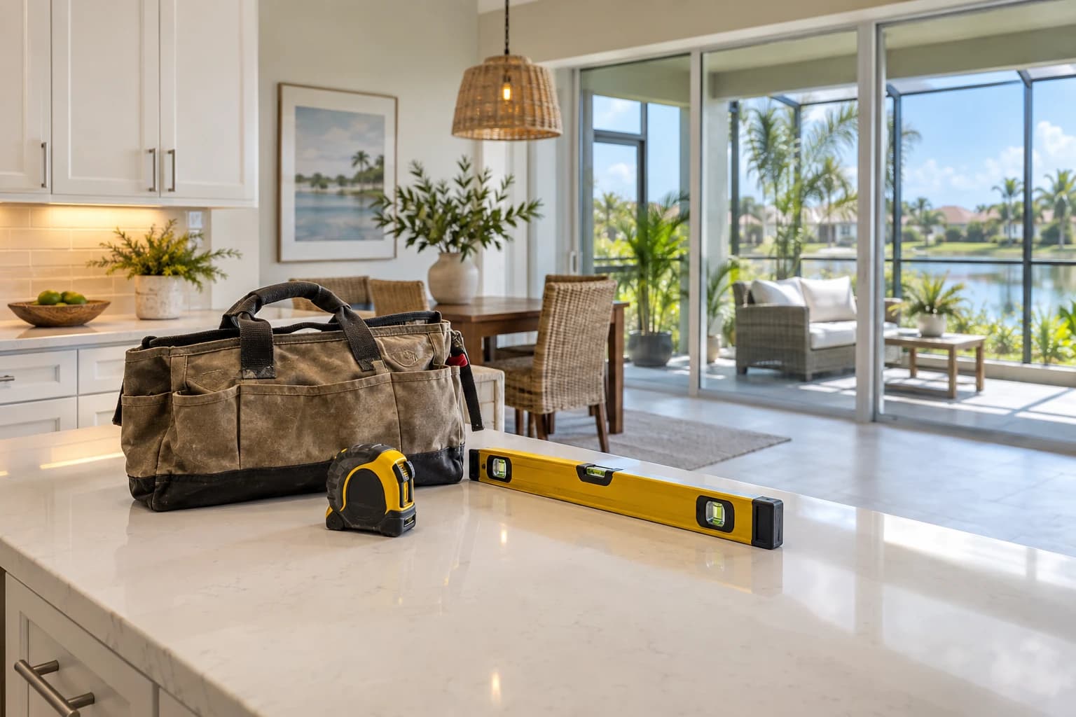 A canvas tool bag, a tape measure, and a level resting on a white kitchen counter in a bright Florida home, with a screened lanai beyond the glass