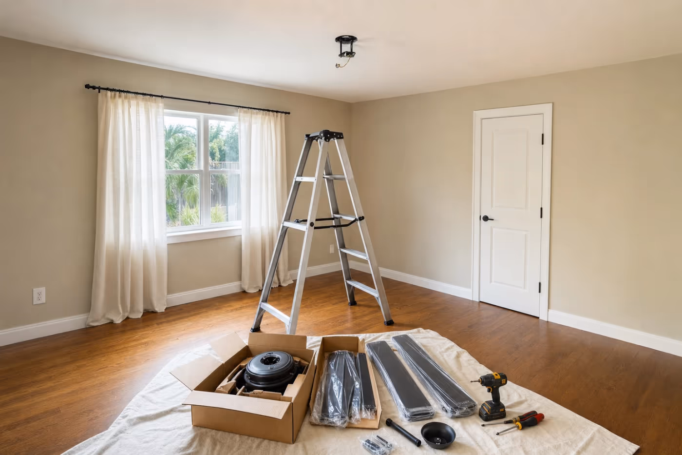 Ceiling fan installation in progress in a Florida bedroom, with a ladder under an open ceiling electrical box and new fan parts staged on a drop cloth