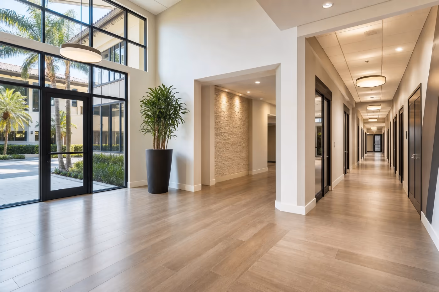 Wide cinematic view of a finished Florida commercial lobby and corridor showcase after professional remodeling and property upgrades