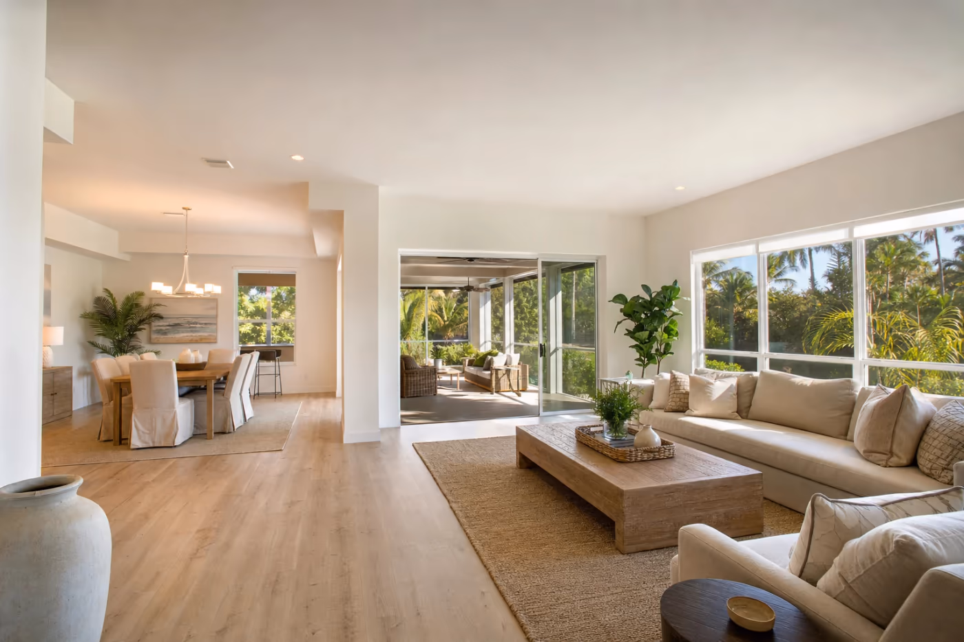 Wide view of a bright Florida open-plan living space with smooth, seamless walls and ceiling after drywall repair
