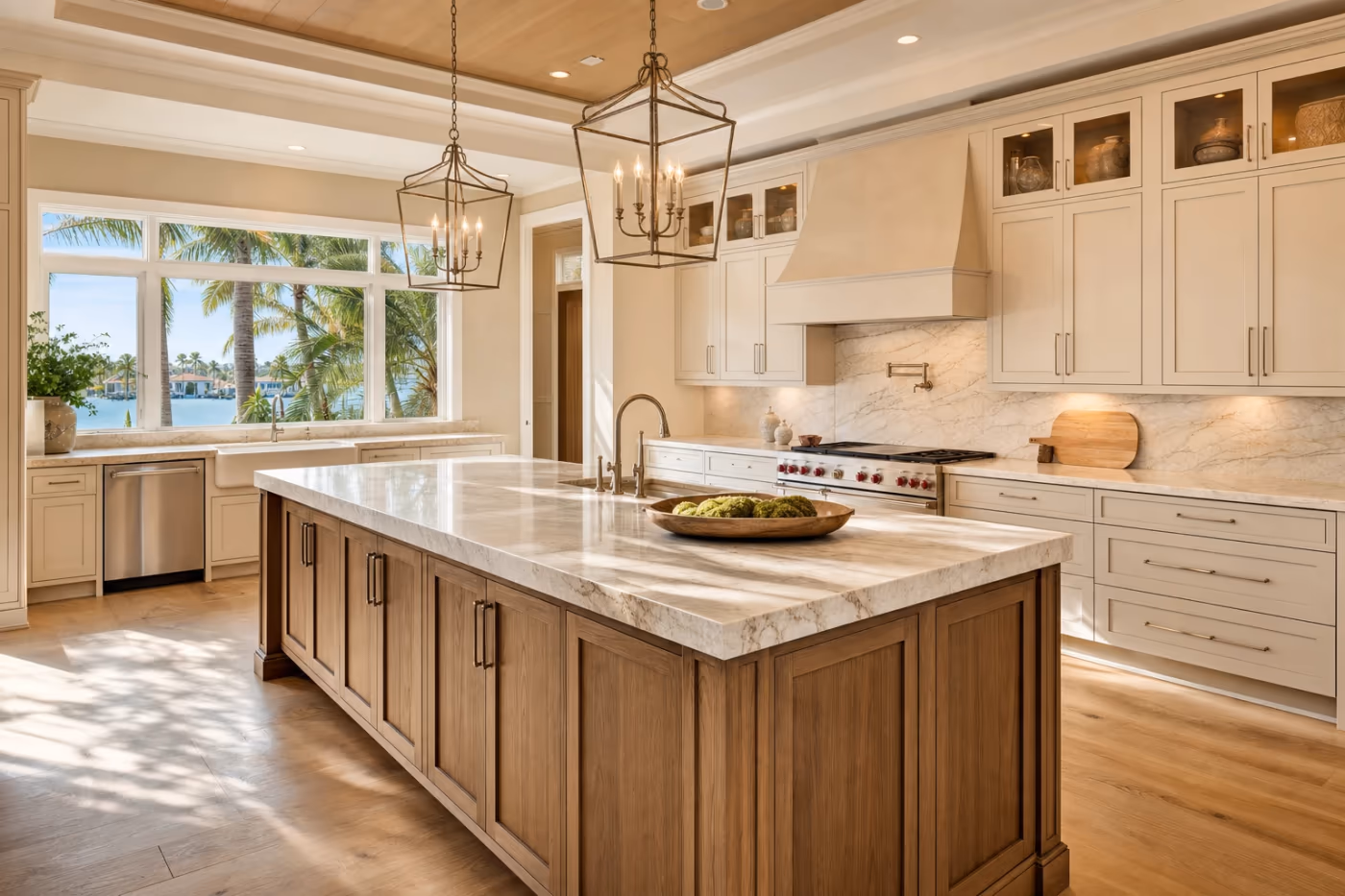 Wide cinematic view of a completed luxury Florida kitchen showcase with island, custom cabinets, stone counters, and airy golden-hour light