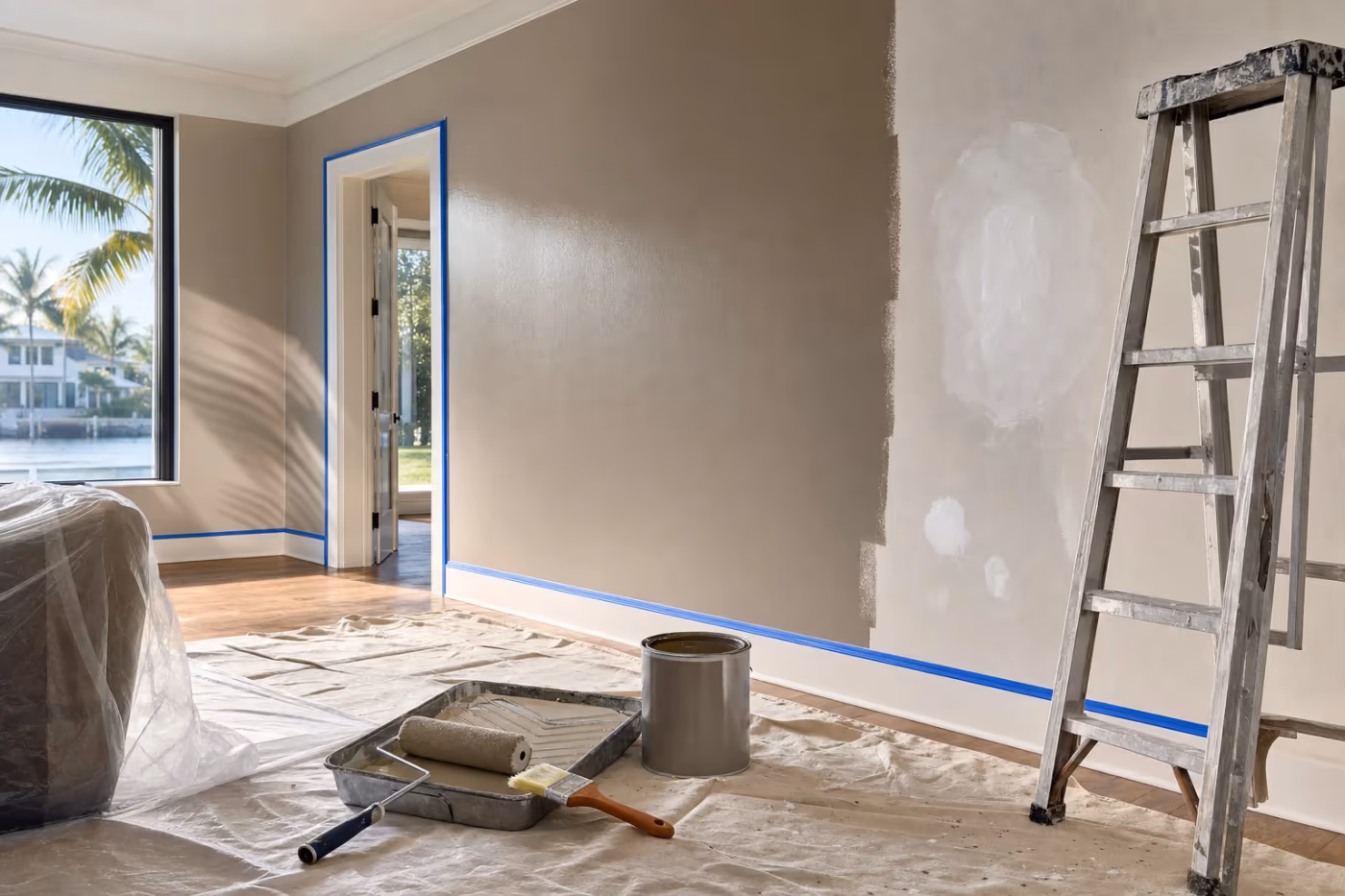 Interior painting in progress in a Florida home, with drop cloths, taped trim, open paint trays, and a partially coated wall left mid-job