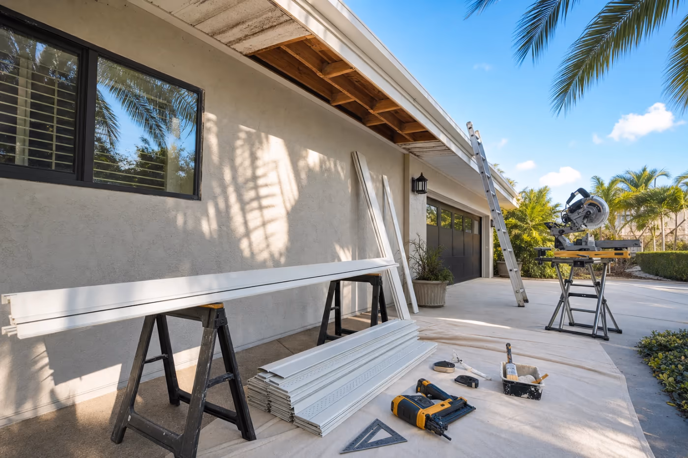 In-progress soffit and fascia repair on a Florida home, with new fascia boards staged along the roofline overhang and tools set aside mid-job
