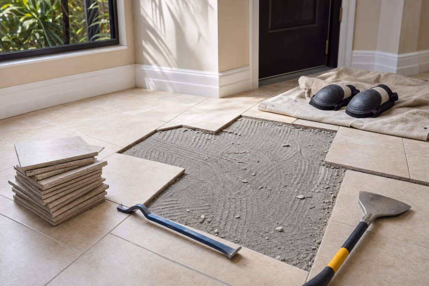 Mid-repair Florida home floor with ceramic tiles partially pried up to gray thinset, removed tiles stacked neatly beside a pry bar, floor scraper, and knee pads on a drop cloth